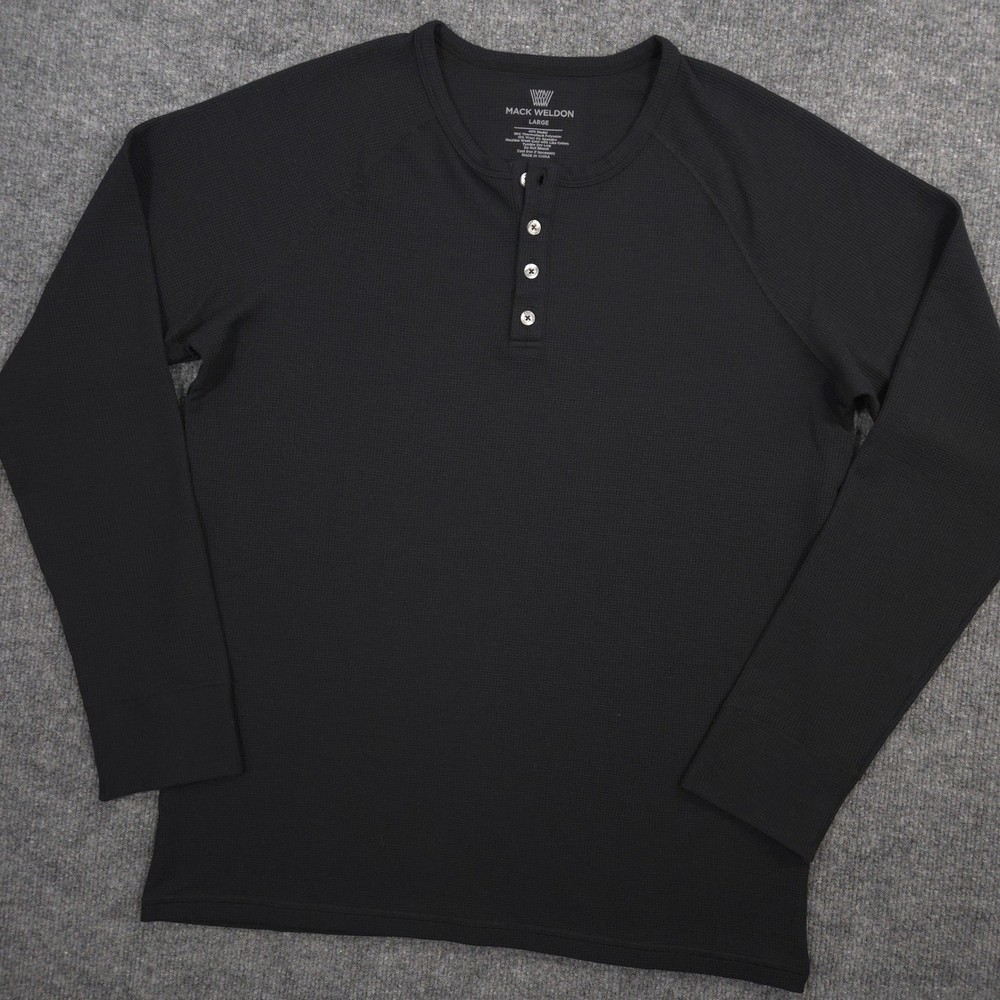 Mack Weldon WARMKNIT Waffle Henley Shirt Mens Large Black Thermal Long Sleeve