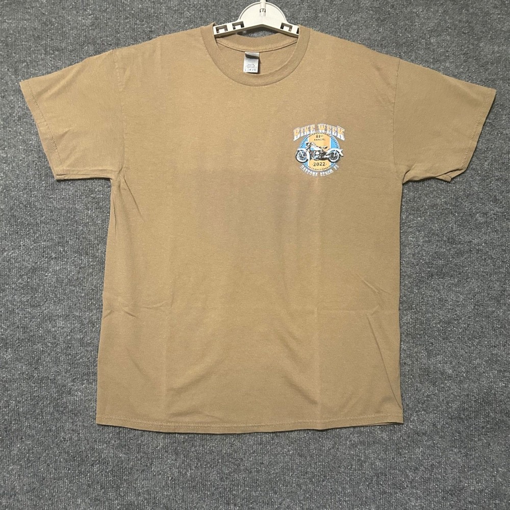 Gildan Mens Large Bike Week Daytona Beach 2022 Motorcycle Graphic T Shirt Tan
