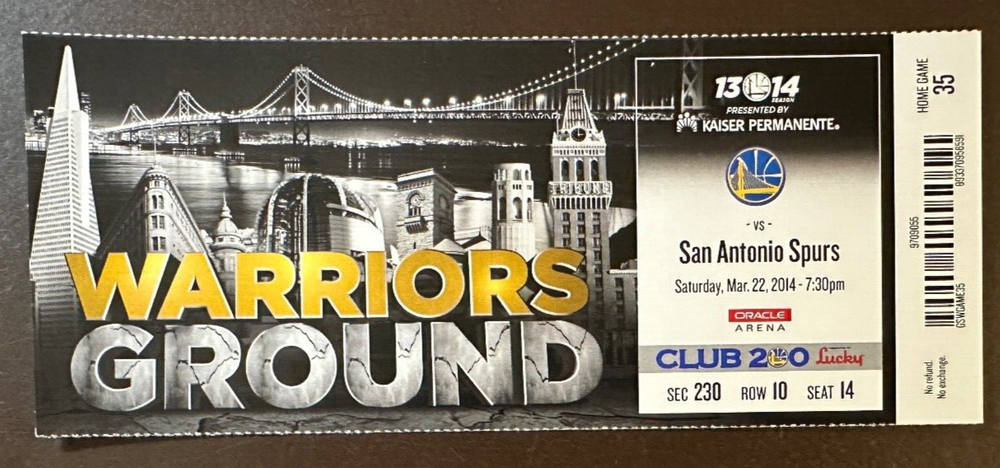 Golden State Warriors 3/22/2014 NBA ticket stub vs San Antonio Spurs