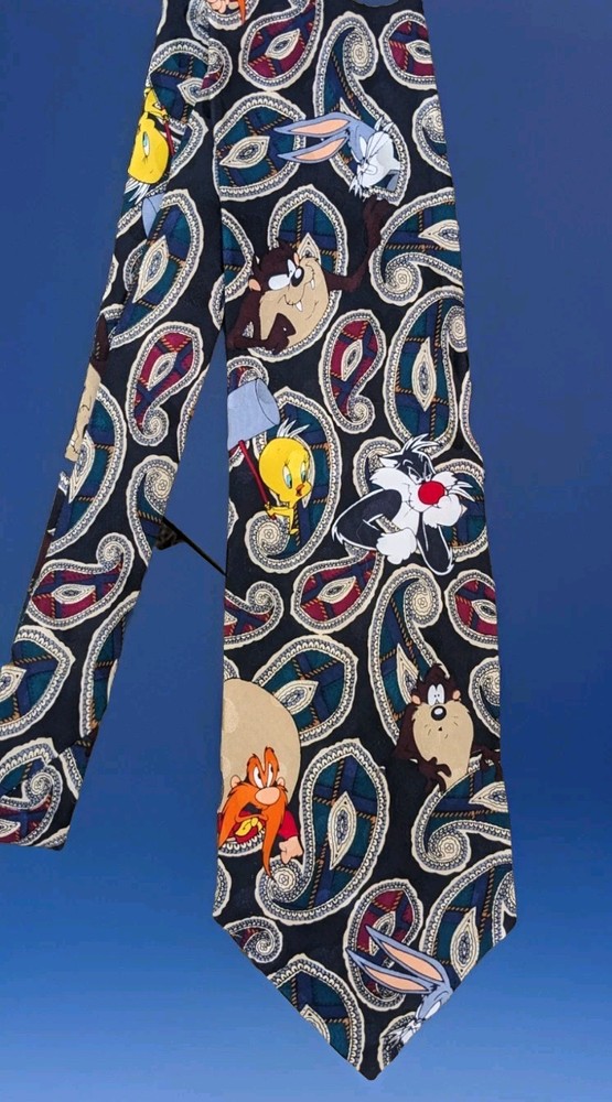 Vtg Looney Tunes Silk Necktie Tie WB Paisley Taz Yosemite Tweety Mania 1994