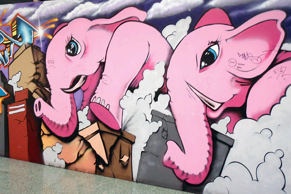 Framed canvas street art - elephants - pink - graffiti wall décor - (28