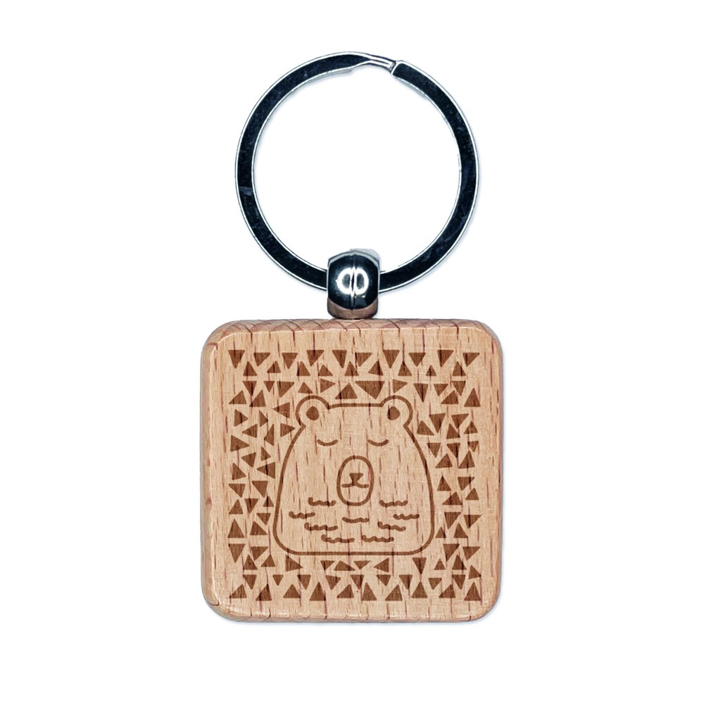 Bear Sleeping Doodle Engraved Wood Square Keychain Tag Charm