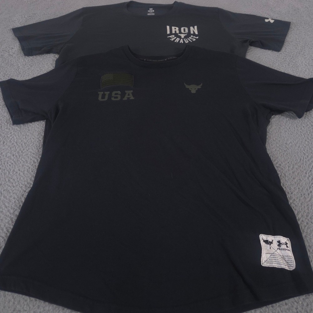 LOT OF 2 Under Armour Shirt Mens Large Black Iron Paradise Project Rock USA
