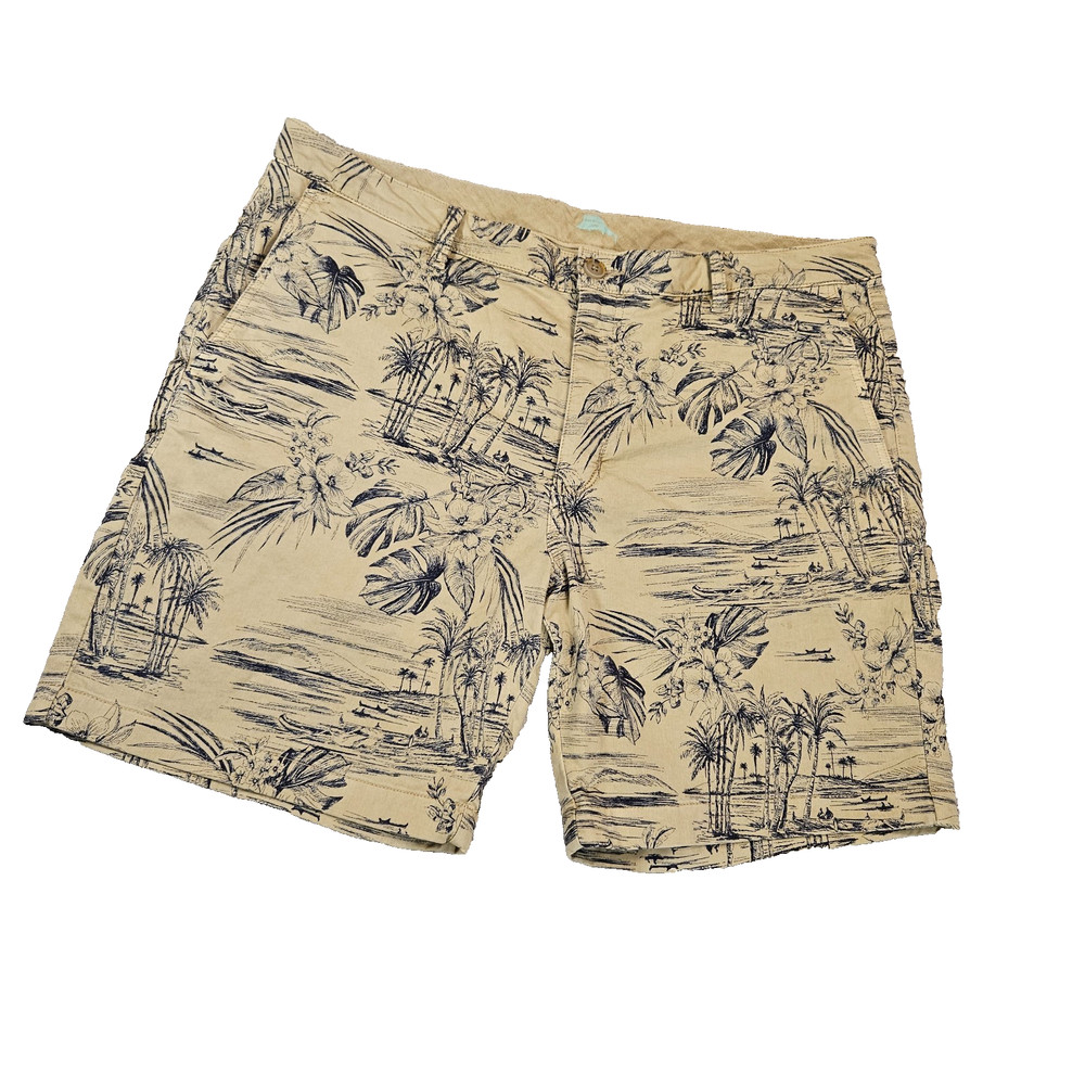 Tommy Bahama Men's 38 Hawaiian Shorts Beige Blue Tropical Palm Tree Print