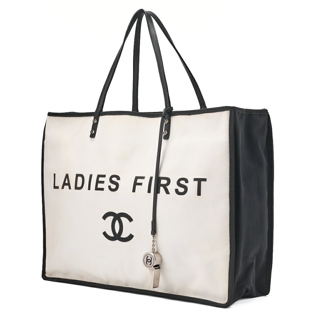 CHANEL Tote Bag Coco Mark Canvas Whistle Charm White x Black Silver Hardware 742