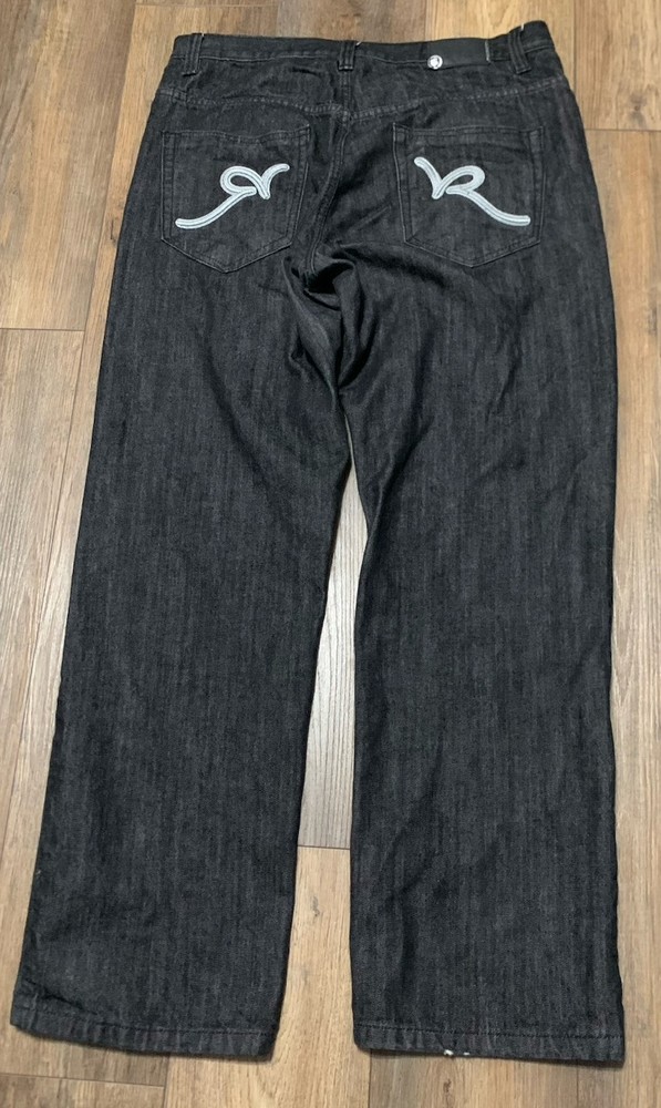 VTG Rocawear Black Y2K Embroidered Skater Wide Leg Baggy Denim Jeans 38x33