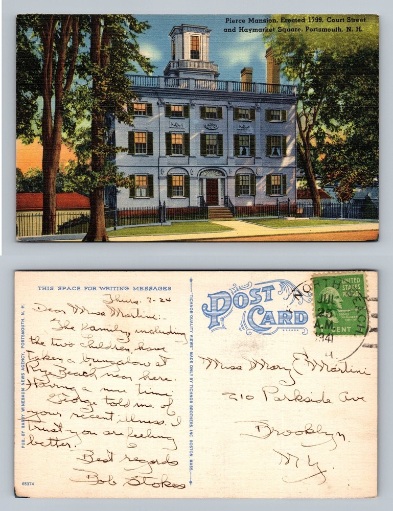 Portsmouth, NH-New Hampshire, Pierce Mansion View PC Vintage c1941 Postcard