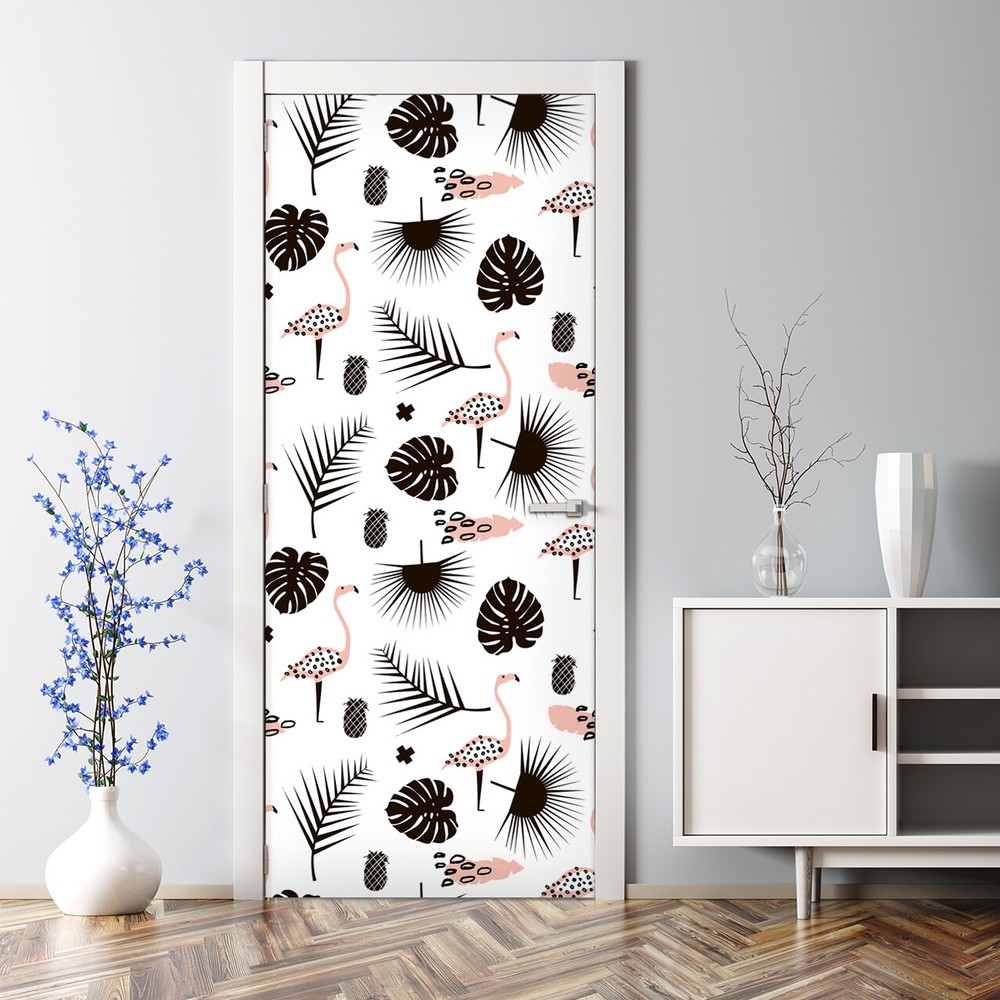 Trendy Palm Branch and Flamingo removable Door sticker Easy stick Self adhesive