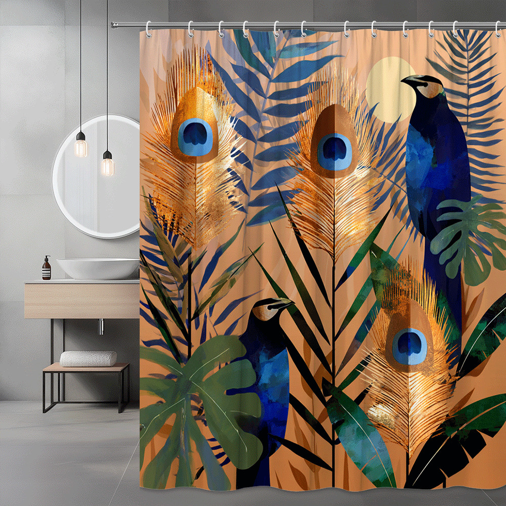 Peacock and Palm Leaf Shower Curtain Tropical Print