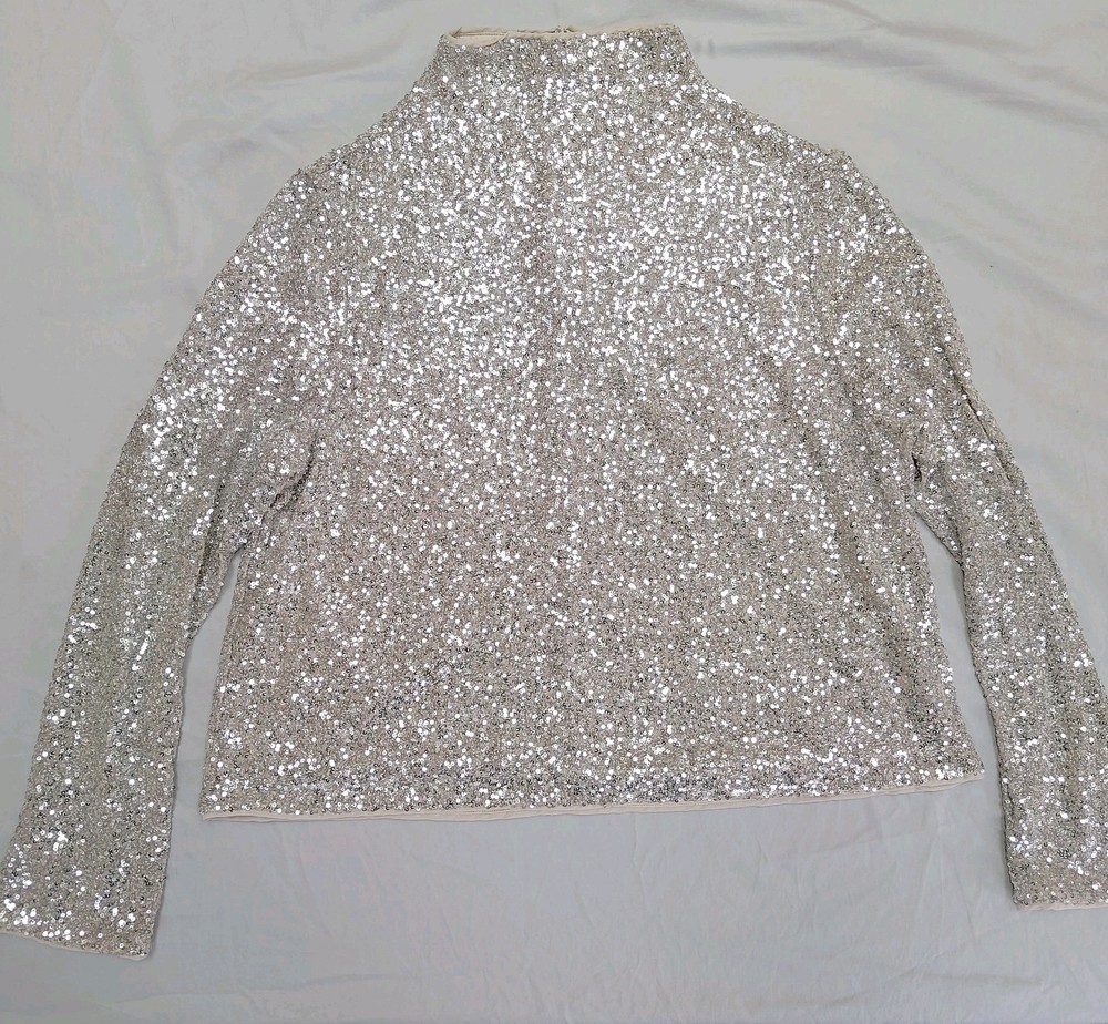 Womens Large H&M Tan Sequin Mock Neck Champagne Top Evening Sparkle Party NWT