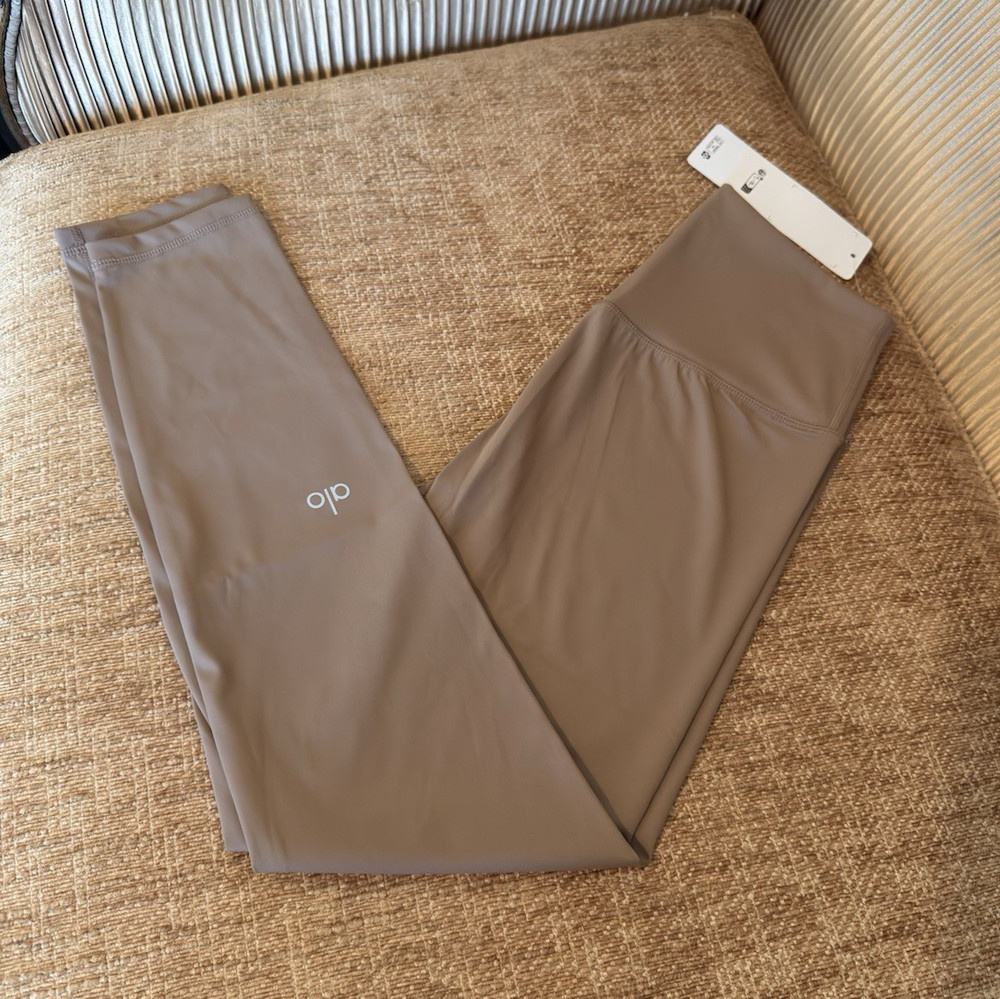 alo Brown High Rise Ankle Leggings Women L Stretch Solid Logo Knit
