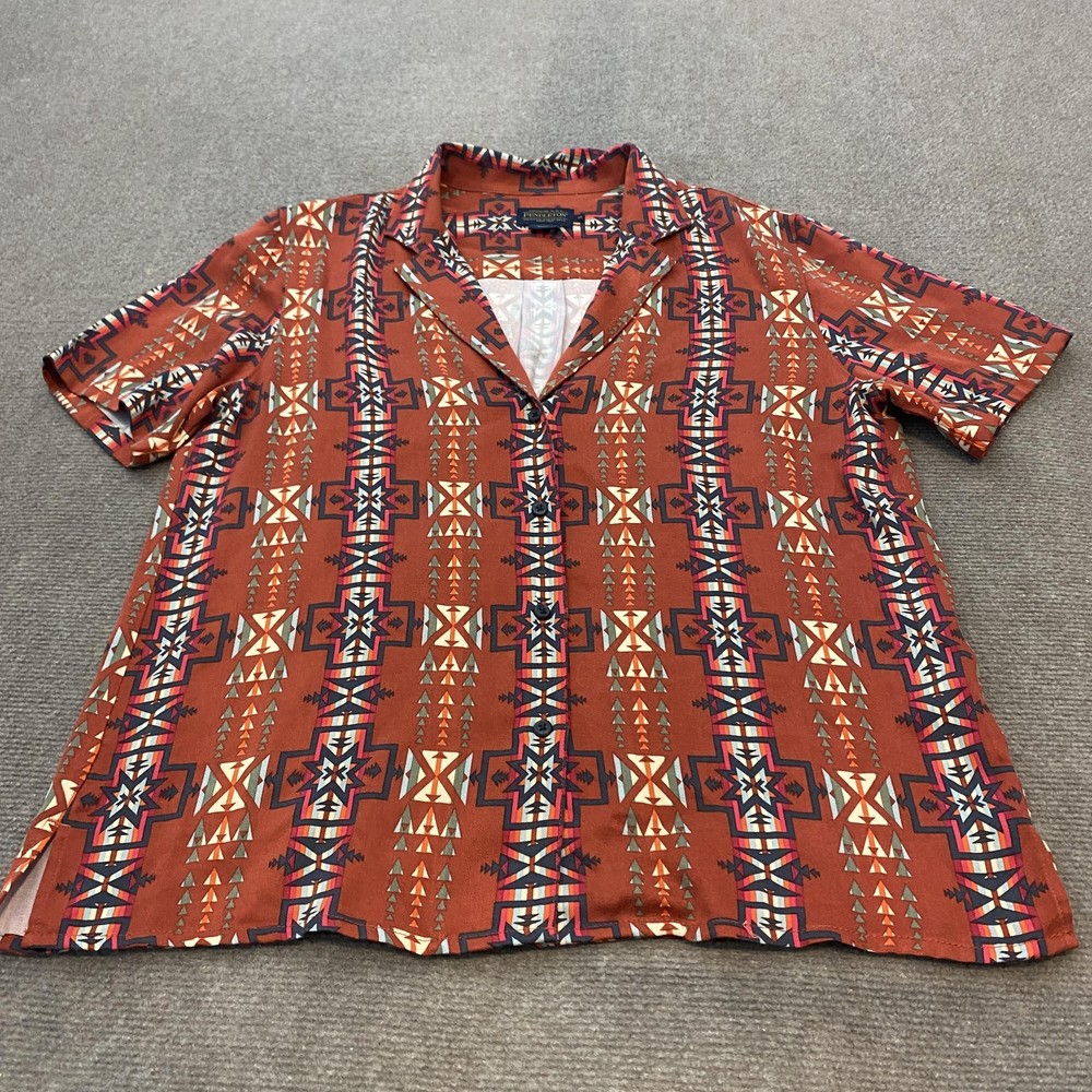 Pendleton Shirt Women Medium Aztec Camp Rayon Southwest Short Sleeve Lightweight