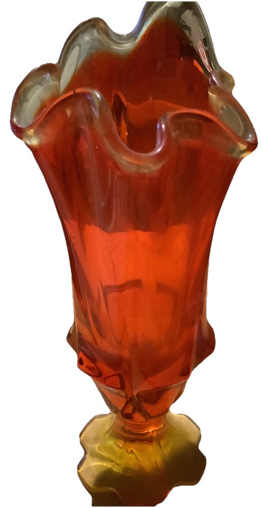 Vintage Fenton MCM Amberina Orange/Red Art Glass Swung Vase