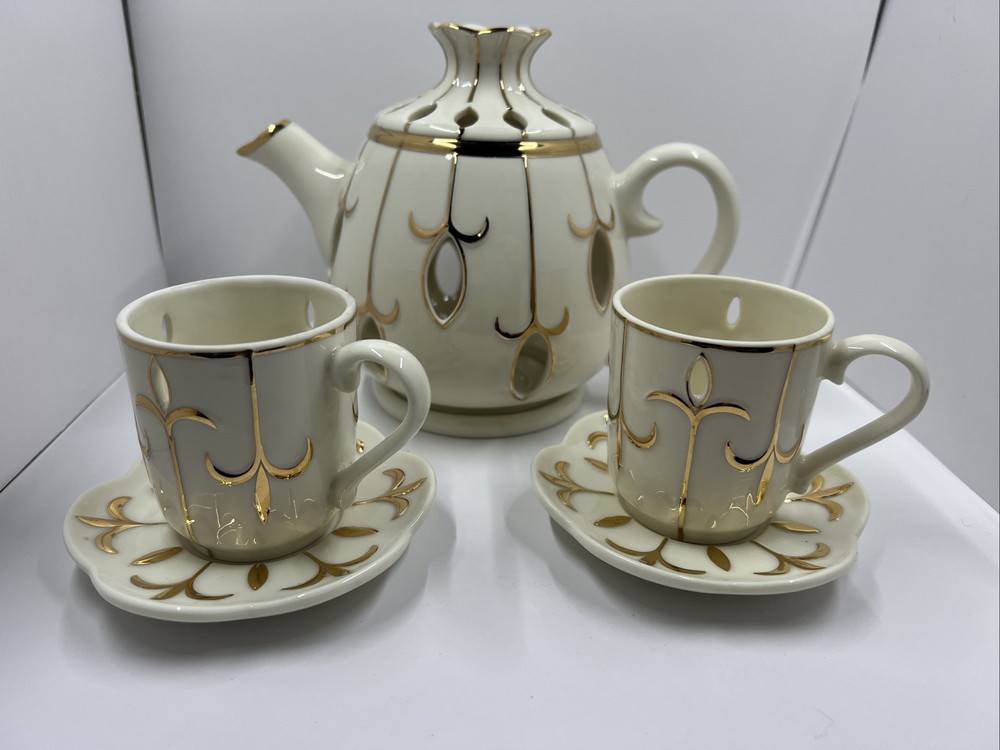 Partylite Ivory Gold Teapot 2 Tea Cup 2 Saucer Votive Candle Holder 6pc Set
