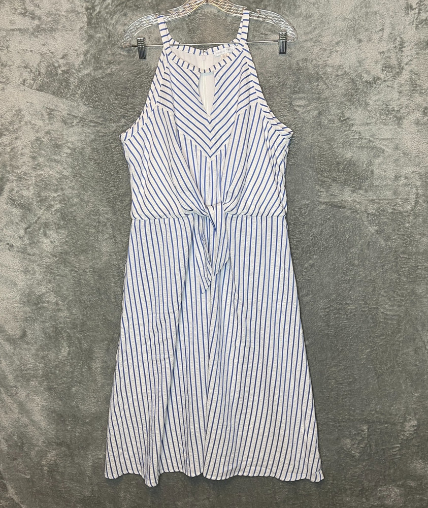 London Times Women Striped Coastal Nautical Preppy Keyhole Knot Midi Dress 16