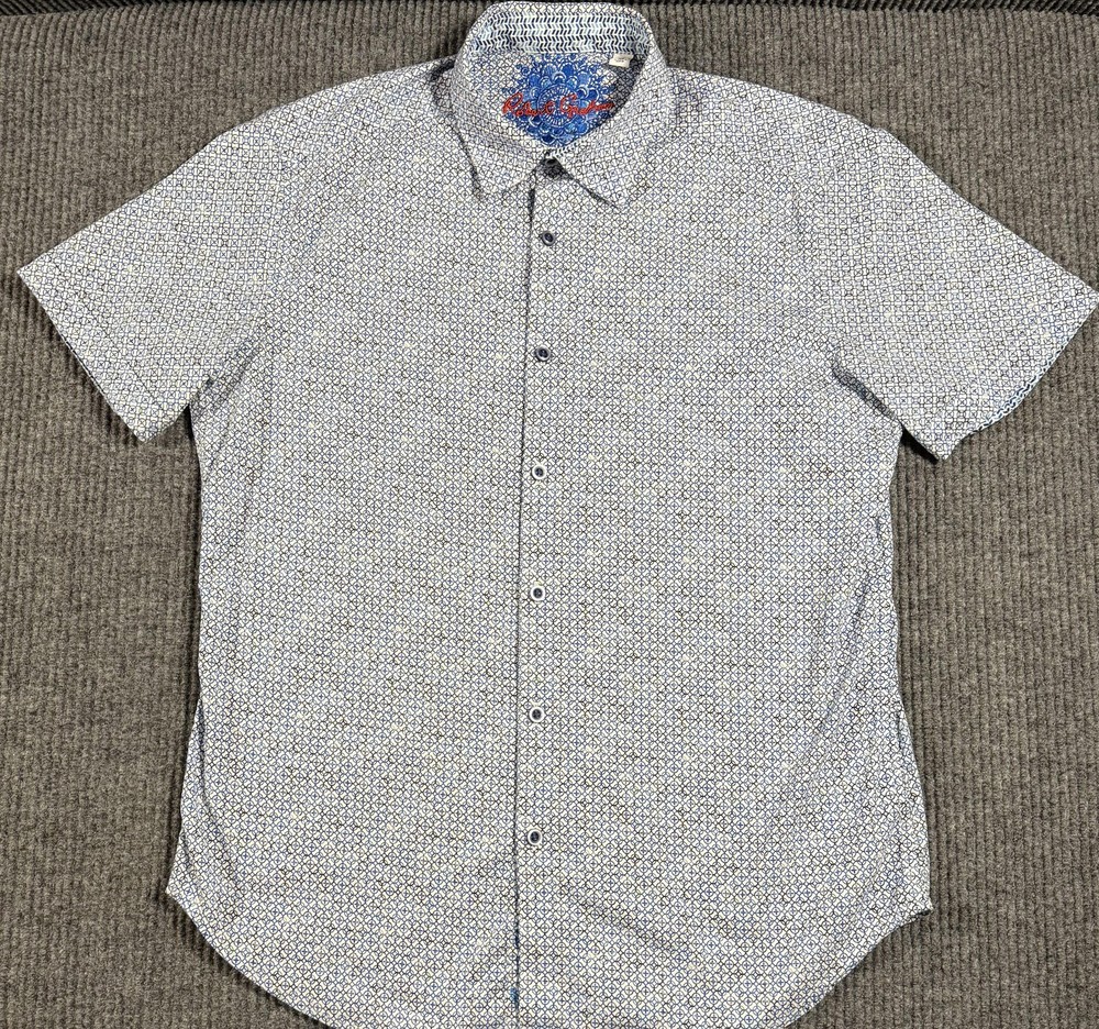 Robert Graham Shirt Mens Medium Geometric Stretch Short Sleeve Button Up Blue