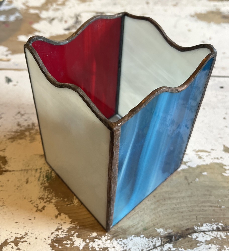 Vintage Stained Glass Candle Votive Holder Handmade Red, White, & Blue 5.75” T