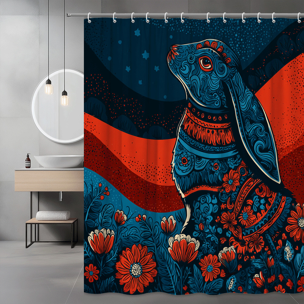 Boho Rabbit Floral Shower Curtain Blue Red Graphic