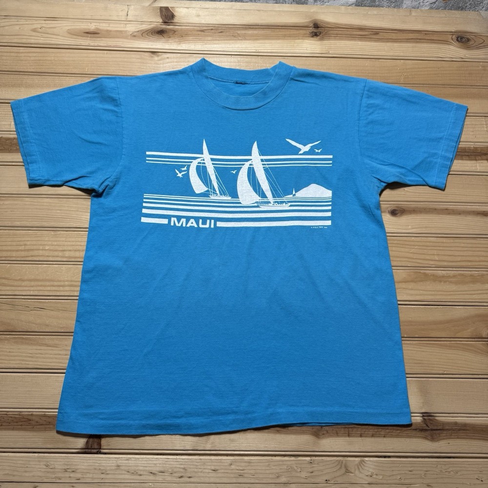 Vintage 80s 1984 Poly Tees Maui Hawaii Sail Boat Ocean Beach Shirt Size Large