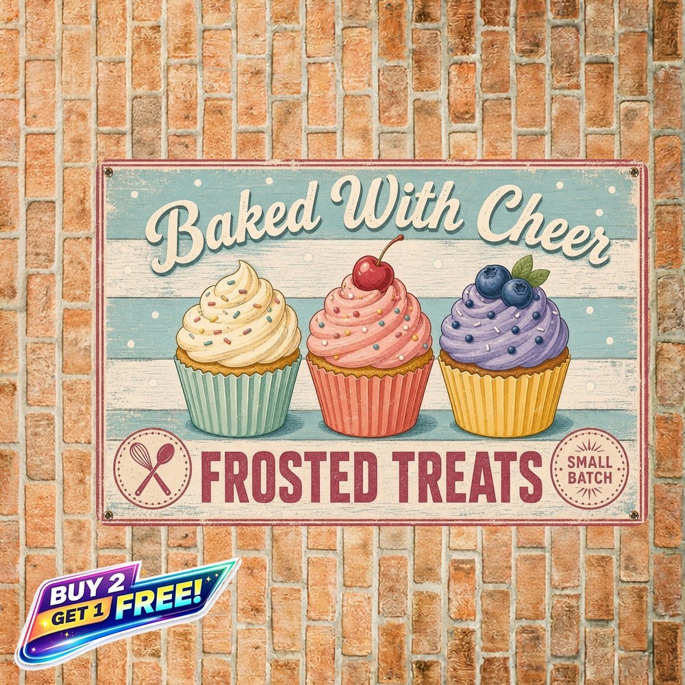 Three Cupcakes Bakery Illustration Vintage Metal Tin Sign 8x12