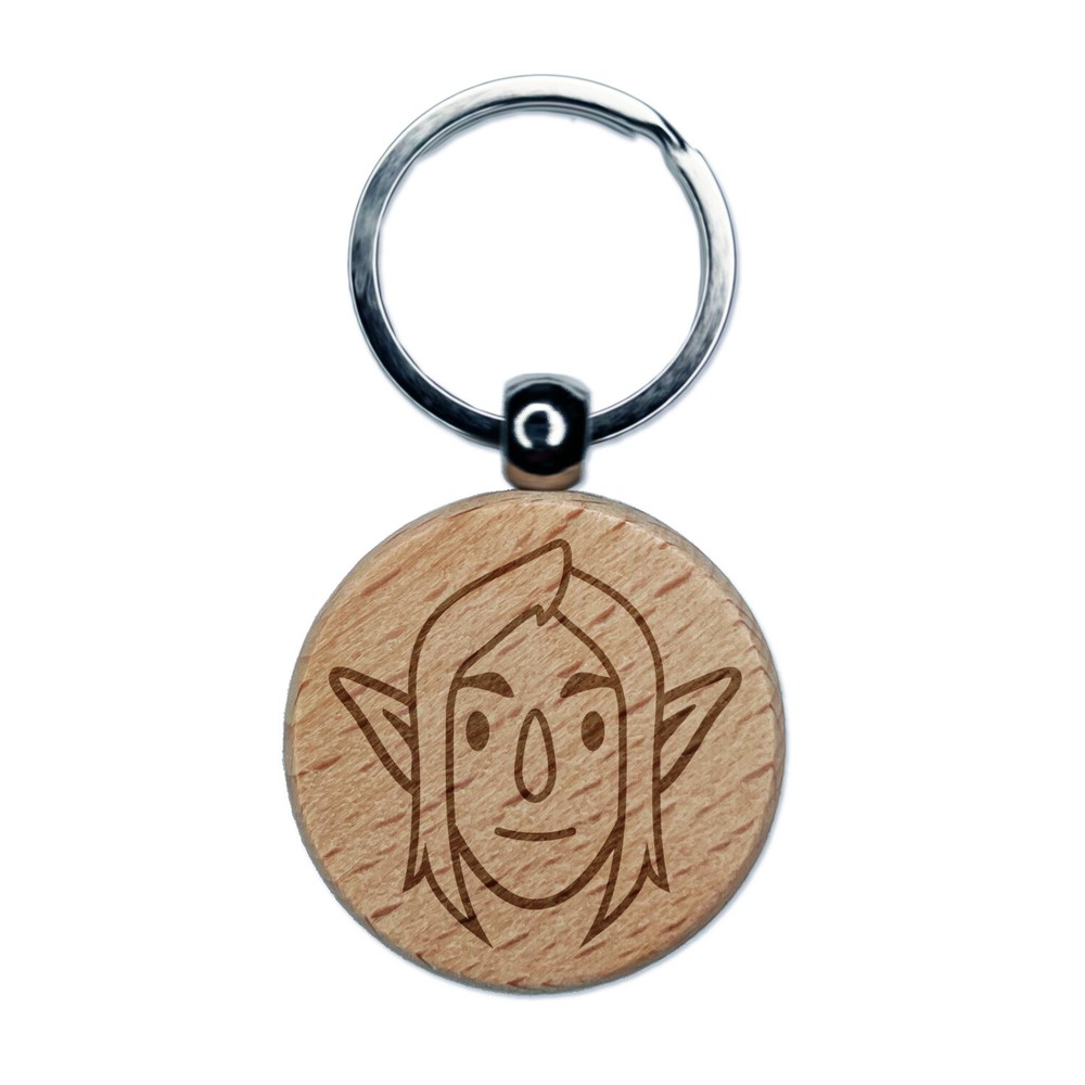 Elf Male Character Face Engraved Wood Round Keychain Tag Charm