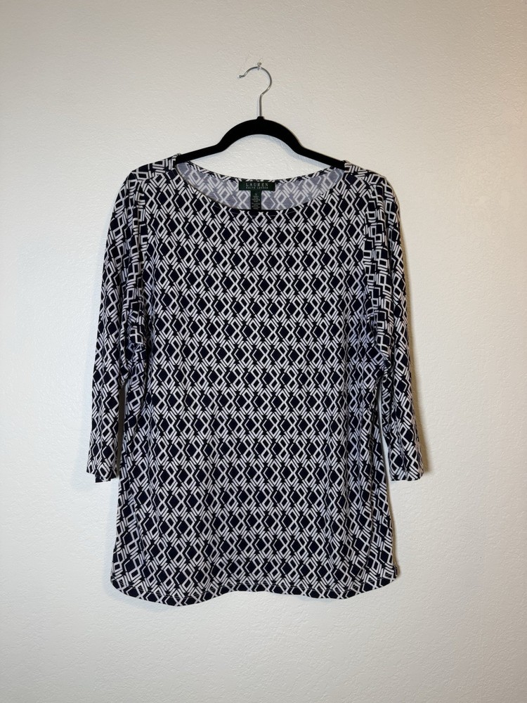Lauren Ralph Lauren Top Womens 1X Navy White Modal Cotton Pullover 3/4 Sleeve