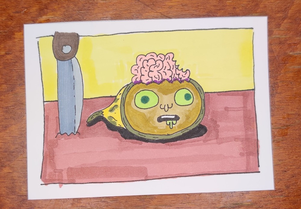 ACEO Original ATC Hand Drawn Illustrated Trading Card Brain Zombie Art