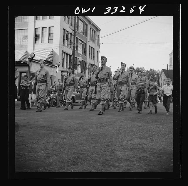 Photo:Soldiers Parade Children Street Scene 1930s-1940s
