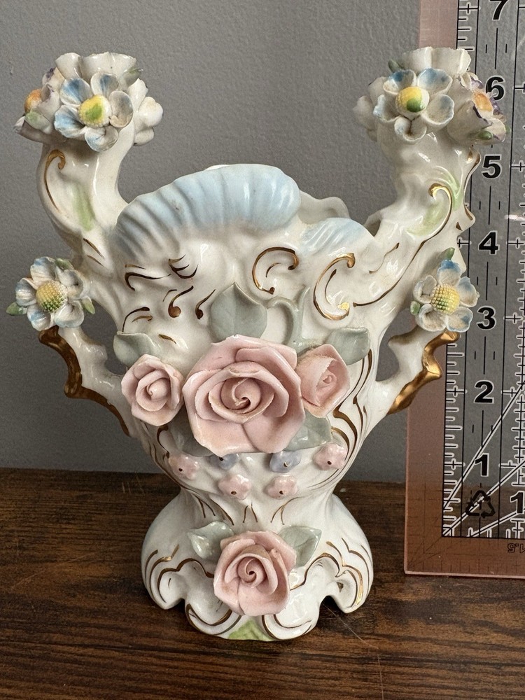 VTG Porcelain Art Pottery Vase Hand Painted Floral Gold Accents Victorian 6x4