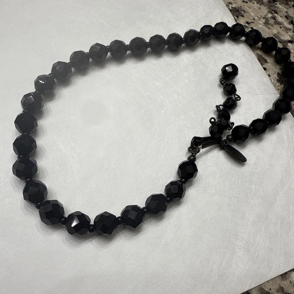 Vintage Miriam Haskell Black Faceted Glass Bead Necklace Signed Tag