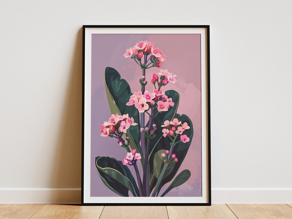 Pink Flower Botanical Art Print Minimalist Kalanchoe Plant Wall Decor Home