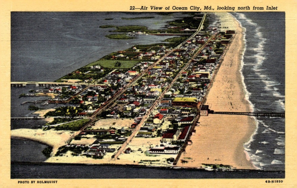 1946 Ocean City MD Aerial View North from Inlet Linen Art Colortone Postcard
