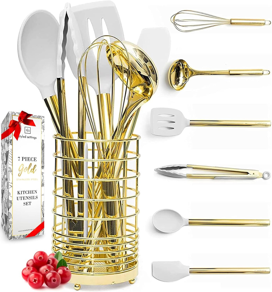 White Silicone and Gold Cooking Utensils Set with Holder - 7PC Silicone Cooking