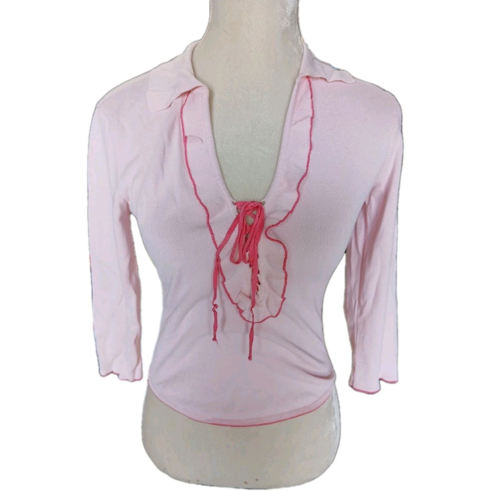 Vintage Y2K Escada Pink Lace Ruffle Fitted Top Women's Small Fairicore