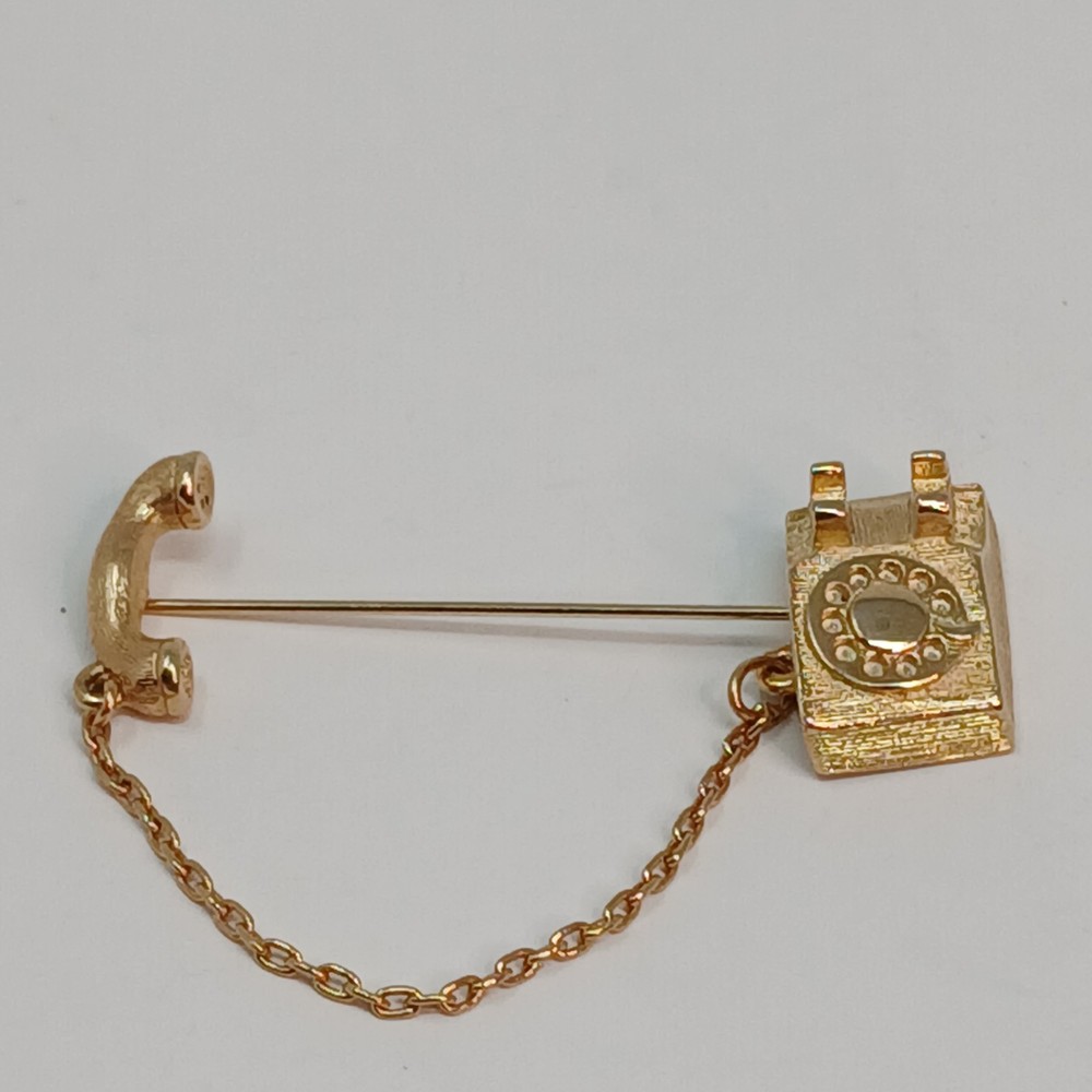 Avon Telephone Lapel Stick Pin Rotary Retro Brushed Gold Tone Chain Vintage