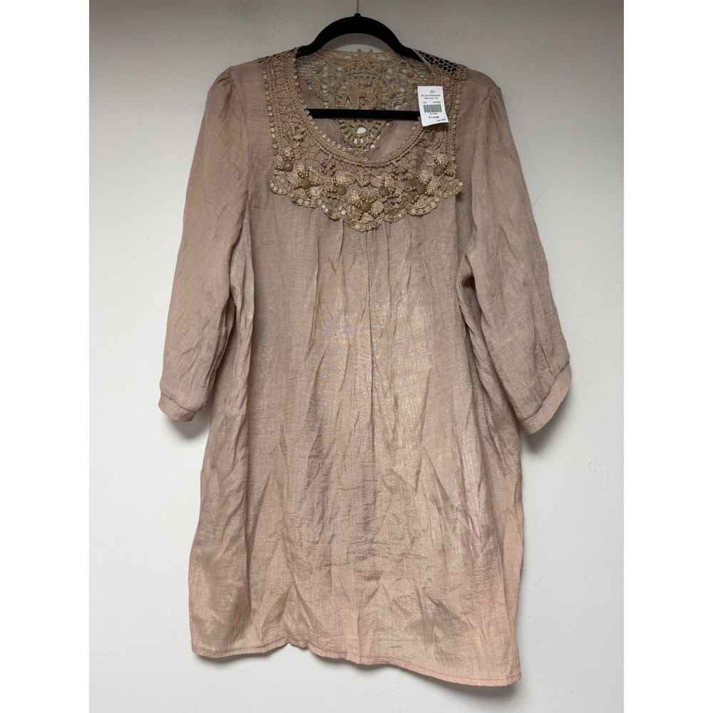 MAD Style Beige Linen Blend Lace Embellished Tunic Top XL