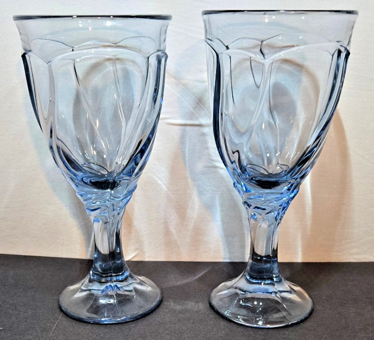 Set of 2- Noritake Sweet Swirl Water Goblets, Light Blue, w/Manganese Green Glow