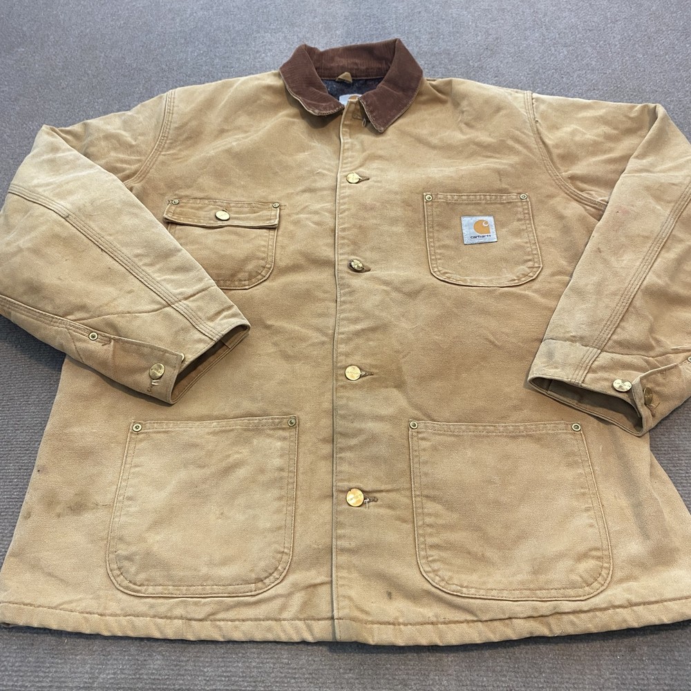 Vintage 90s Carhartt Chore Jacket Mens 44 Tall Blanket Lined Brown Workwear C01