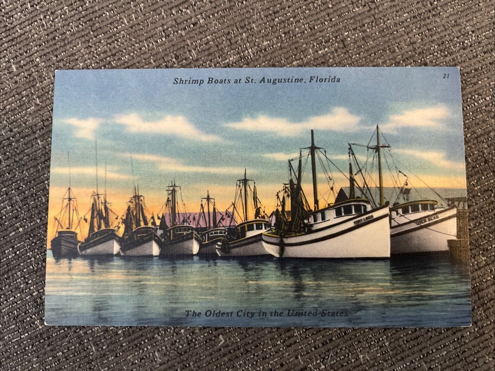 Vintage Linen Postcard Florida~ The Shrimp Boats St. Augustine Oldest City In US