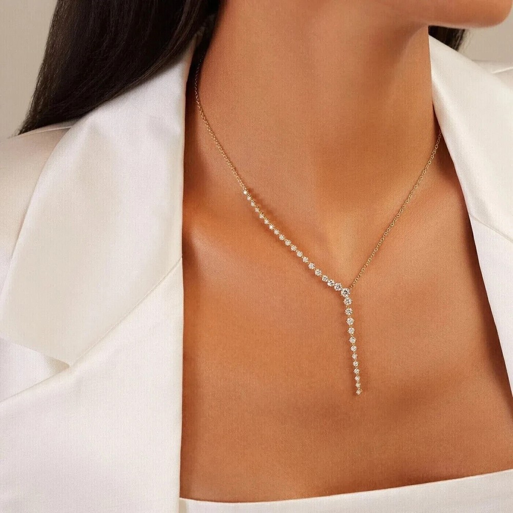 V-neck 3Ct Created Diamonds Lariat Chain Wedding Necklace 14K Yellow Gold Finish