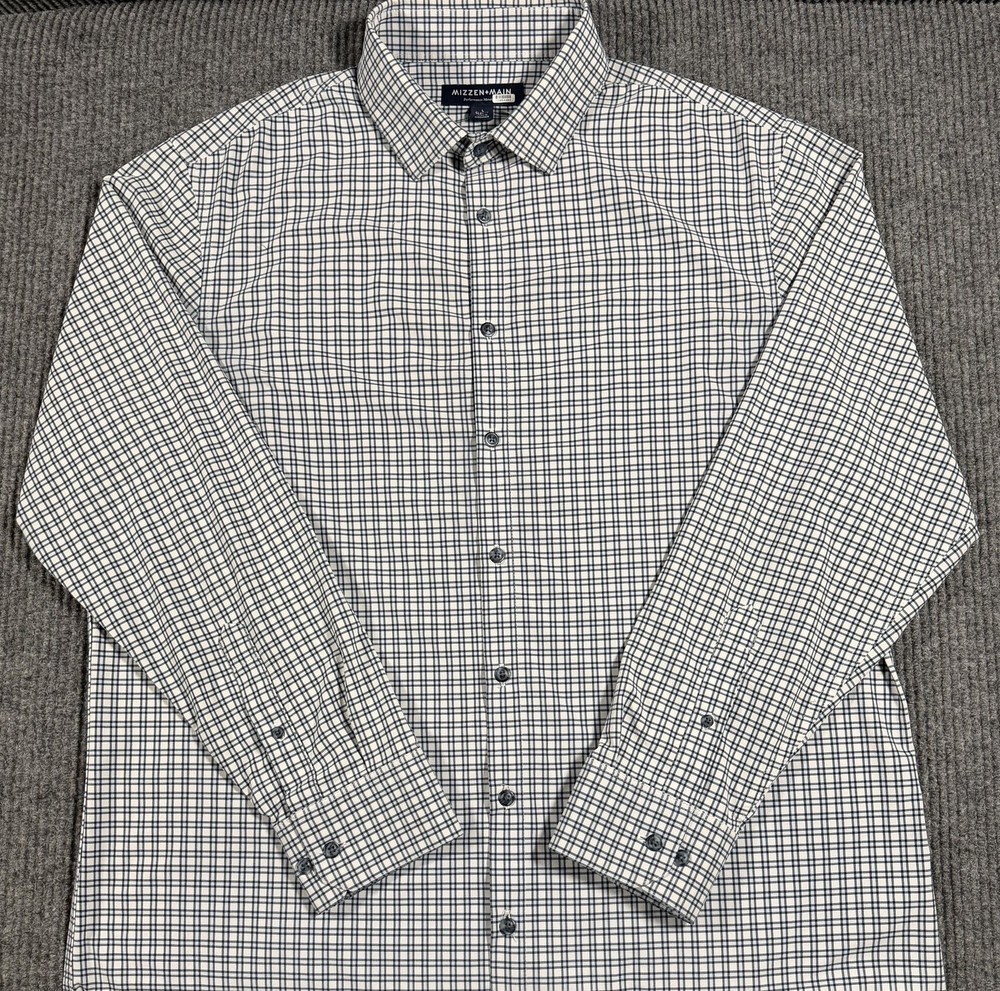 Mizzen+Main Shirt Mens Large Check Stretch Long Sleeve Button Up Classic Blue