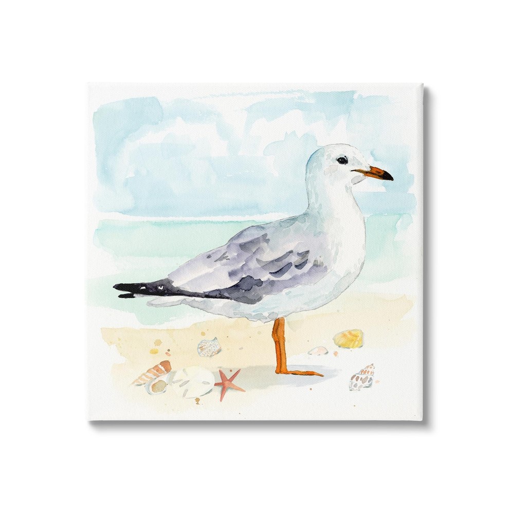 Seagull & Seashells on Shore Canvas Wall Art by Victoria Barnes