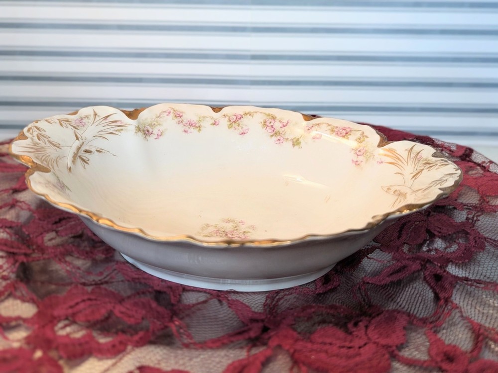 antique Haviland Limoges serving bowl Vintage Gold Trim Pink Roses