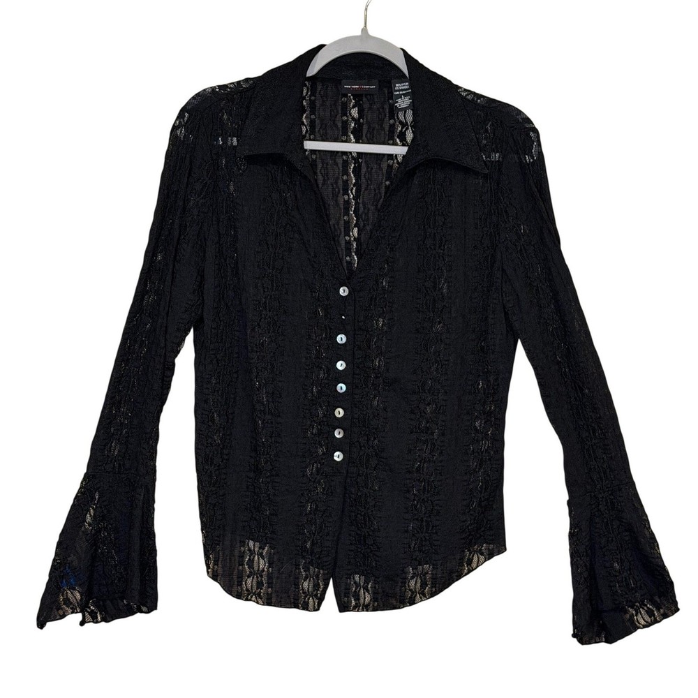 New York & Company Womens Black Lace Top Whimsigoth Goth Grunge Y2K Witchy Dark