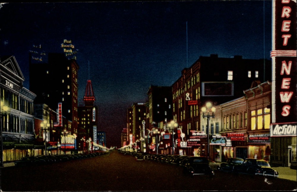Main Street at Night Salt Lake City Utah vintage cars signs ~ 1950-60s postcard