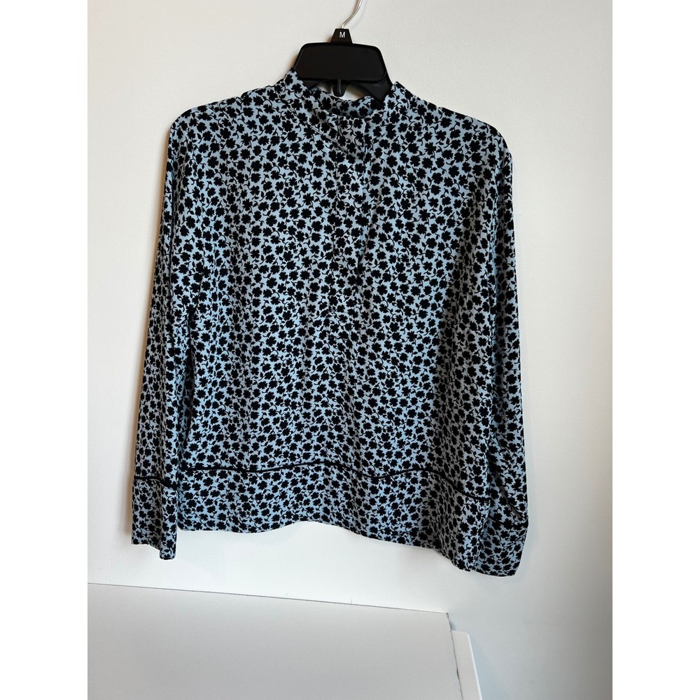 H&M Floral Print Long Sleeve Mock Neck Blouse Top Blue/Black Women's Size 6