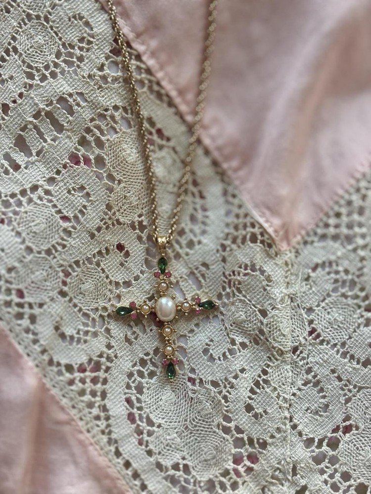 Vintage Gold Tone Ornate Cross Pendant Necklace w Faux Pearl & Rhinestones