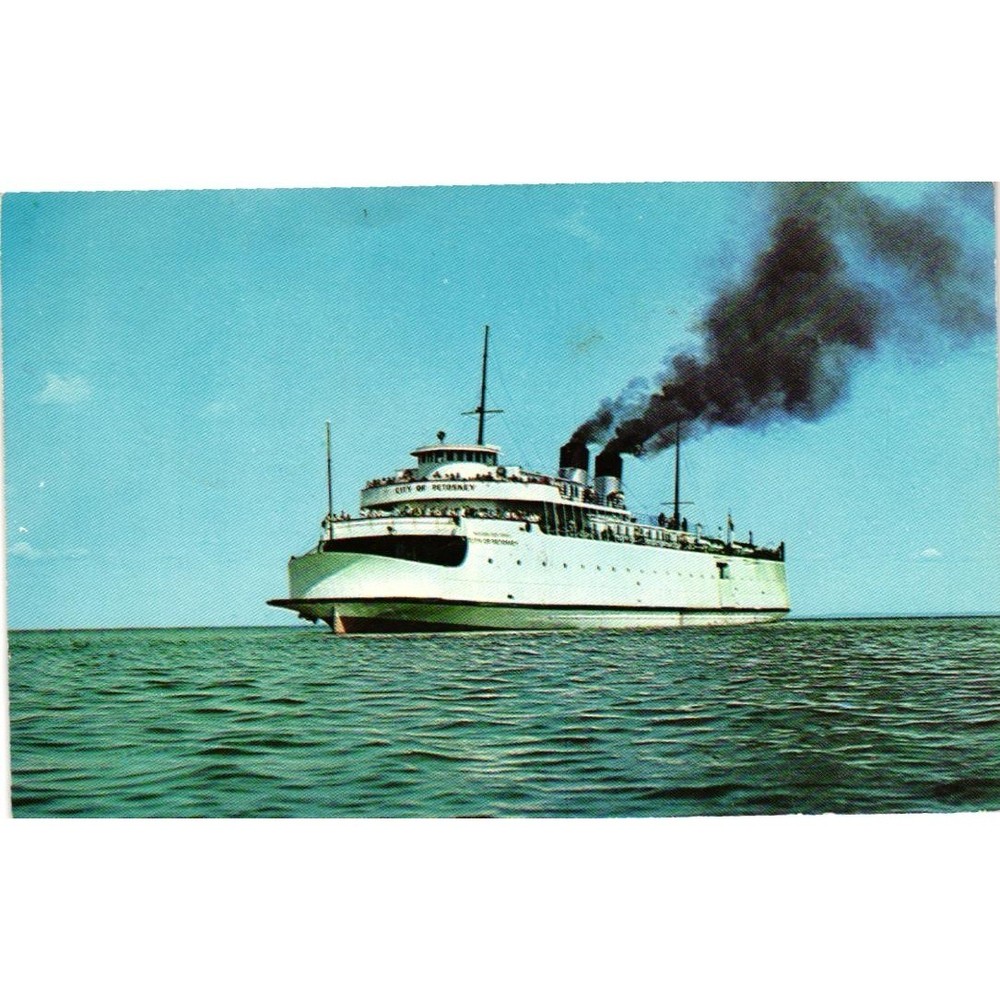 Vintage City of Petoskey Steamer Postcard 1955 Michigan Straits of Mackinac Ship