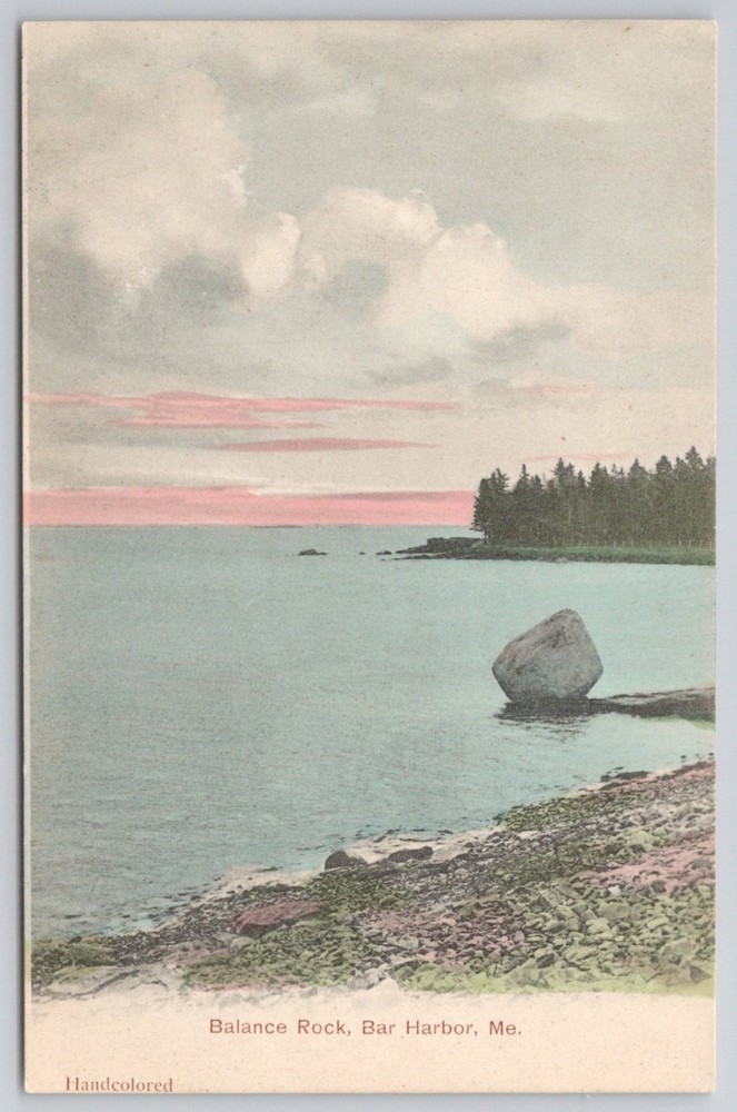 Vintage Handcolored Postcard Balance Rock Bar Harbor Maine ME Germany Made