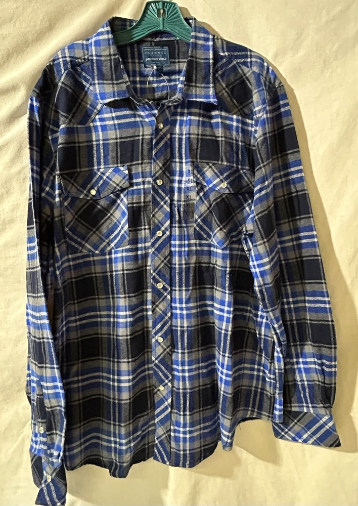 NWT Jackson Hole Men's blue plaid flannel long sleeve button up shirt XL